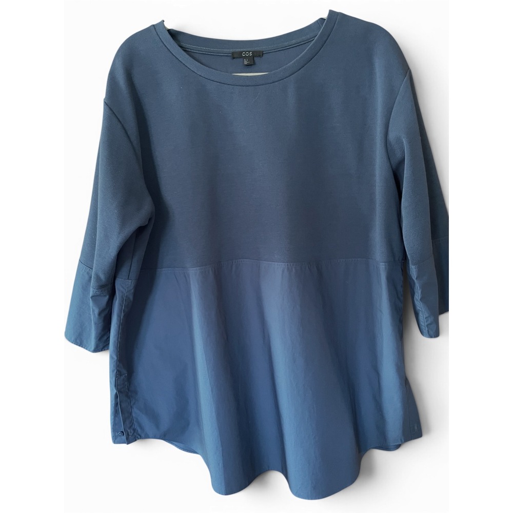 COS Blue Gray Mixed Media Knit Poplin Crewneck Top Size L NWOT Everyday Ceremony